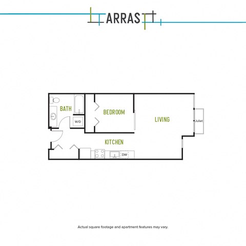 Floor plan for studio, 1 bath, 613 sqft